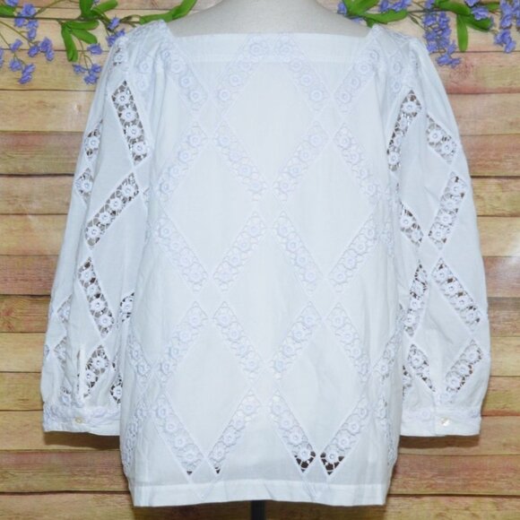 Ann Taylor White Pullover Blouse Top Size XL 3/4 Puff Sleeve Cotton Square Neck - Picture 5 of 11